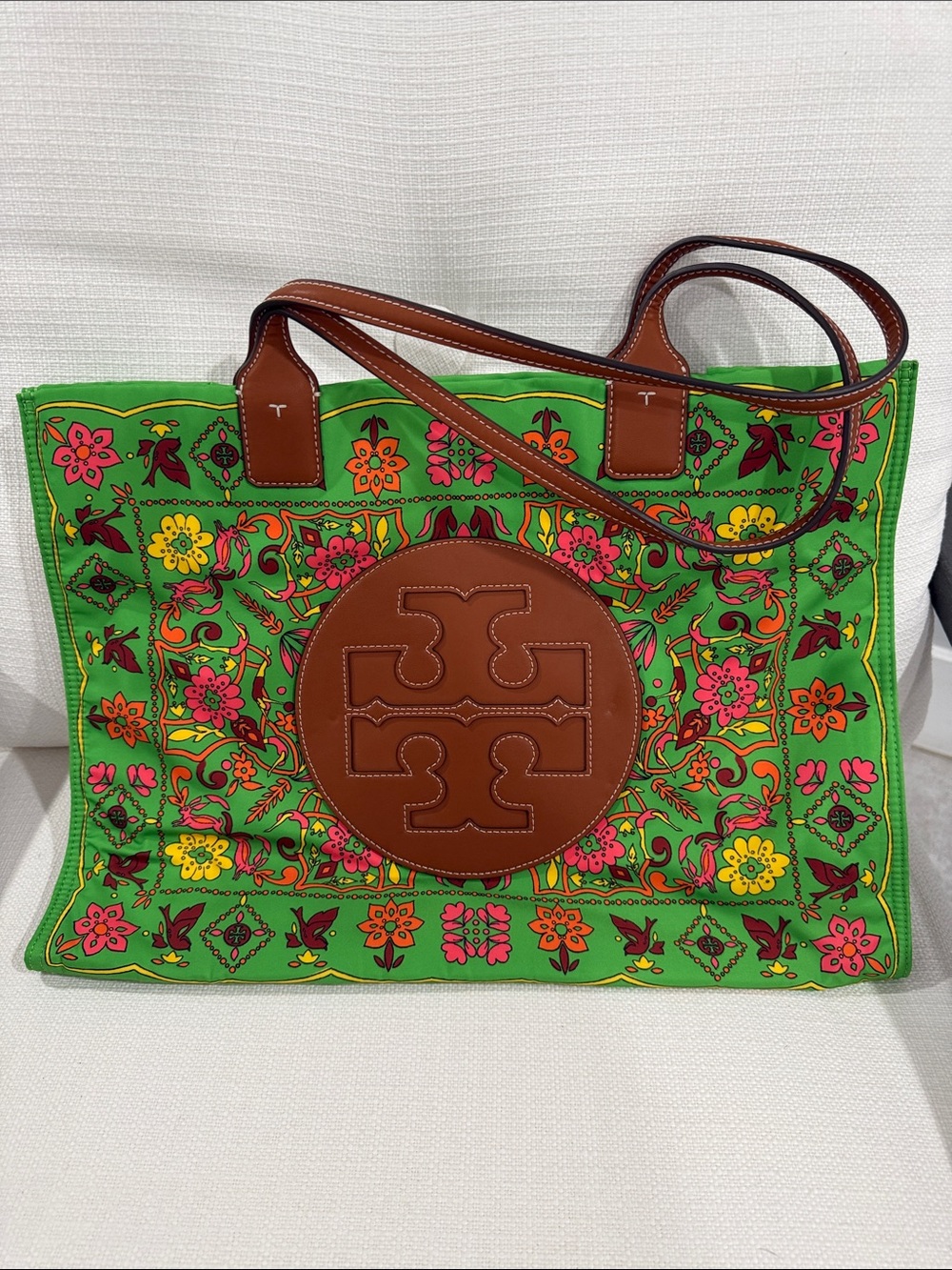 Tory Burch Green Floral Nylon Tote with Brown Leather Trim LIMITED EDITION